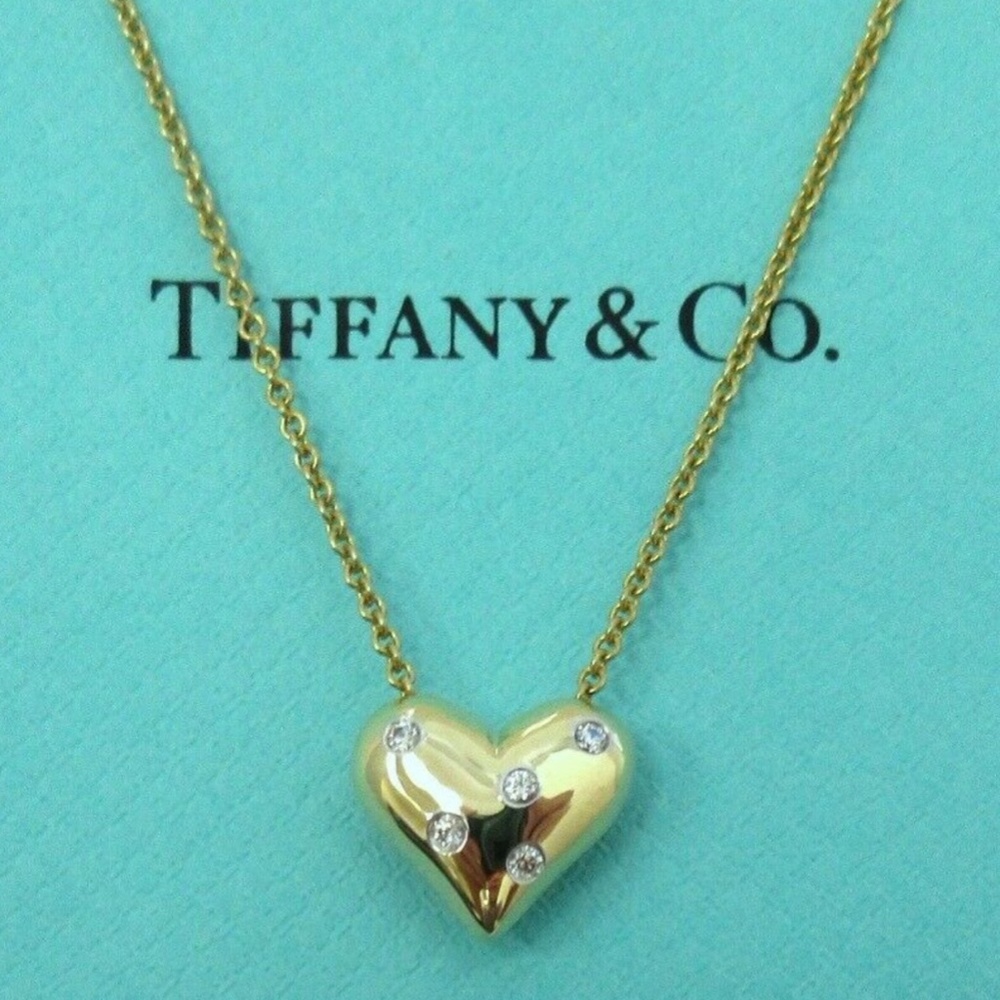 New TIFFANY & Co. 18K Gold Platinum Etoile Five Diamonds Heart Necklace $2640